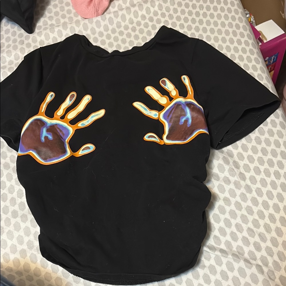 SHEIN Black and Orange Short Sleeve Tees with Hand Designs